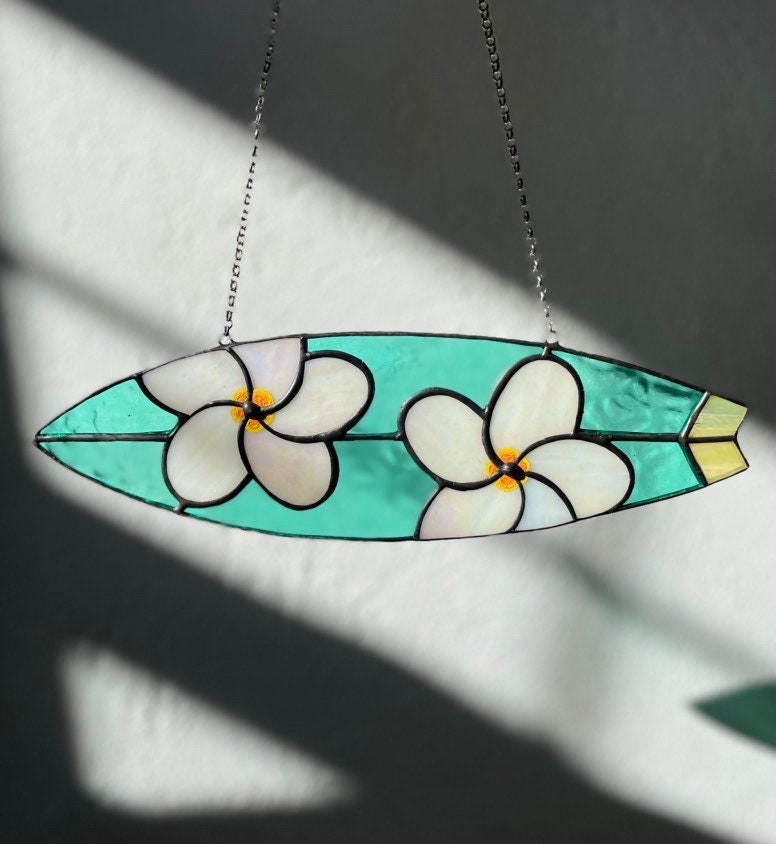 Stained Glass Surfboard Suncatcher: Hand-Painted Plumeria, Tropical Decor