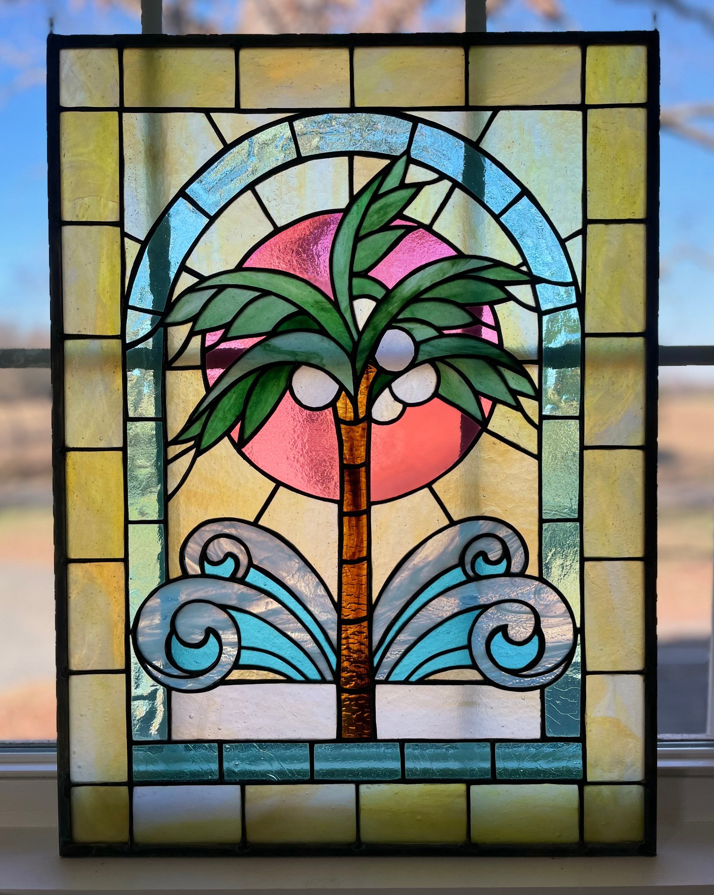 Tropical Sunset Palm Tree and Ocean Wave Stained Glass Hanging Window ...