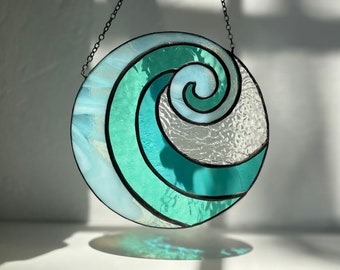 Ocean Wave Stained Glass Suncatcher, Glass Ocean Wave, Glass Wave Art, Beach Suncatcher, Coastal Decor, Surfing, Coastal Suncatcher