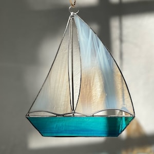 Glass Sailboat, Sailboat Ornament, Nautical Ornament, Sailboat Suncatcher, Sailing Gift, Sailboat with Festive Lights, Coastal Suncatcher