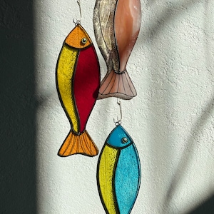 Stained Glass Fish on a Hook Suncatcher – Nautical Fishing Window Decor Gift