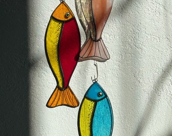 Stained Glass Fish on a Hook Suncatcher – Nautical Fishing Window Decor Gift