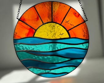 Stained Glass Sunset Suncatcher: Tropical Ocean View with Seagulls
