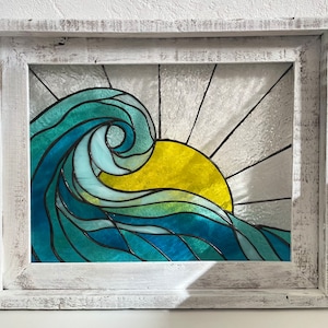 Stained Glass Ocean Wave and Sun Framed Window Panel