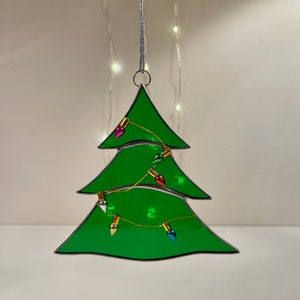 Stained Glass Christmas Tree Ornament, Christmas Tree Suncatcher with Festive Lights, Glass Ornament