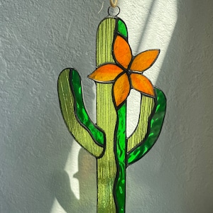 Stained Glass Desert Cactus with Flower Suncatcher