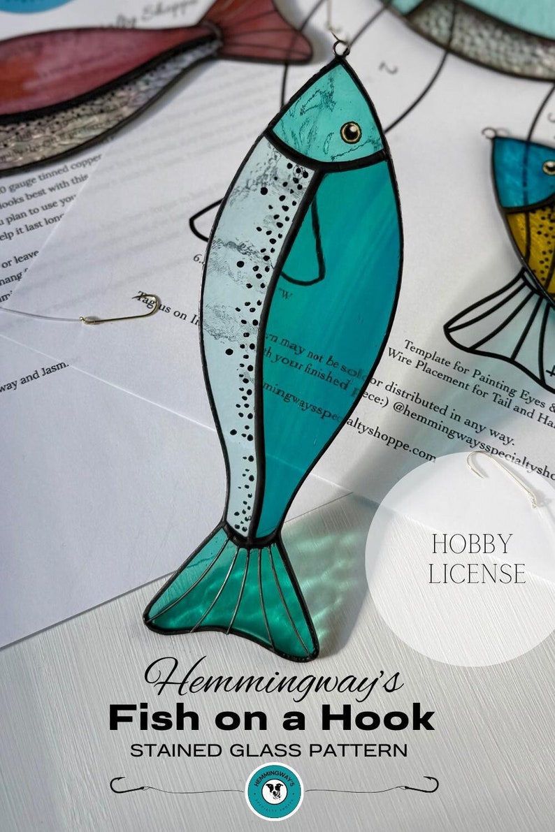 Digital Download, Stained Glass Fish Pattern, Fish on a Hook Pattern, Tropical Stained Glass Patterns, Hobby License Stained Glass Patterns, DIY Stained Glass, Beach Stained Glass Patterns, Sea Life Patterns, Ocean Fish Patters, Glass Fish Patterns