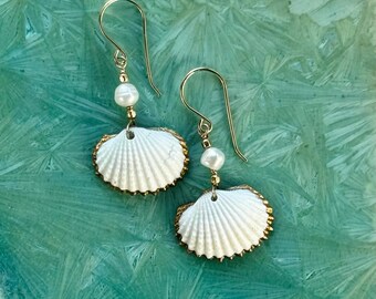Gold Dipped Seashell Earrings: Pearl Accent, Coastal Jewelry