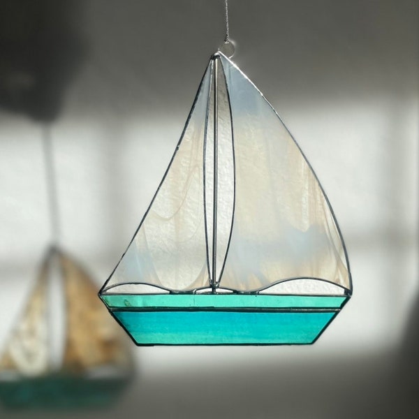 Glass Sailboat, Sailboat Ornament, Nautical Ornament, Sailboat Suncatcher, Sailing Gift, Sailboat with Festive Lights, Coastal Suncatcher