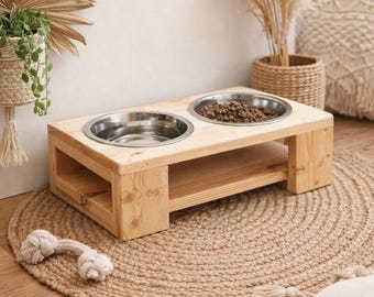Handmade Elevated Double Dog Bowl Stand, Rustic Pine Feeder