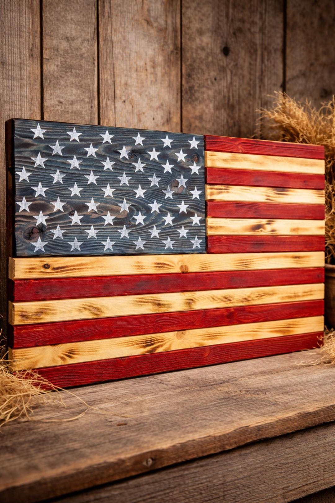 Wooden American Flag Wall Art – Handmade Rustic USA Flag – Burned Wood ...
