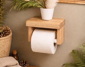 Handmade Wooden Toilet Paper Holder with Shelf, Bohemian Bathroom Decor