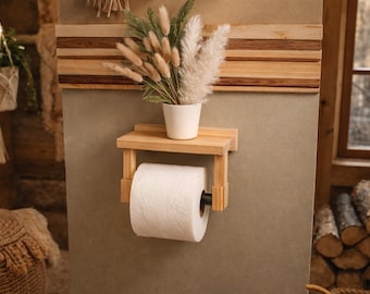 Handmade Wooden Toilet Paper Holder with Shelf, Bohemian Bathroom Decor