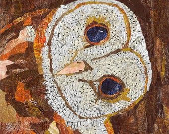 mixed media barn owl wall art print, whimsical Bird collage, woodland barn owl decor, giclée art print, nature lover gift, rustic home decor