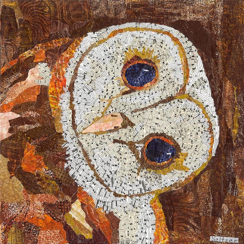 mixed media barn owl wall art print, whimsical Bird collage, woodland barn owl decor, giclée