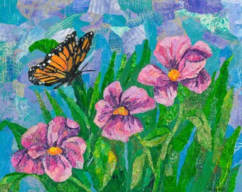 monarch butterfly art print, pink flower collage, colorful botanical decor, mixed media garden artwork, nature giclee gift