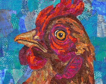 colorful rooster collage art print, farmhouse wall decor, mixed media chicken portrait, folk art giclee, kitchen wall art