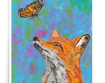 Fine Art Print, Fox Art, ,Red Fox,Nature Print,Wall Art,Home Decor, Giclee, Home & Living, Fox With Butterfly, Nursery Art, Wild Life Art