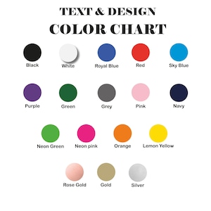 K&ouml;nnte beinhalten: Farbkarte mit 15 verschiedenen Farboptionen f&uuml;r Text und Design. Die Farben umfassen Schwarz, Wei&szlig;, K&ouml;nigsblau, Rot, Himmelblau, Lila, Gr&uuml;n, Grau, Rosa, Marineblau, Neongr&uuml;n, Neonrosa, Orange, Zitronengelb, Ros&eacute;gold, Gold und Silber.