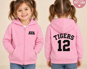 Personalized Children’s Full Zip Sweatshirt, Custom School Club or Mascot Design, Front Back Printed Hoodie for Kids