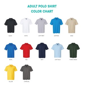 May include: A colour chart displaying adult polo shirts in a range of colours: black, white, light grey, sapphire, sand, royal, red, navy, light blue, forest green, yellow, and charcoal. Text reads "ADULT POLO SHIRT COLOR CHART".