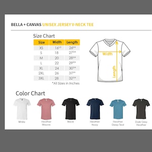 May include: Size chart and color chart for a unisex jersey v-neck tee. The chart shows sizes XS to 3XL with corresponding width and length measurements in inches. The color chart shows the tee in white, heather mauve, black, heather navy, heather deep teal, and dark grey heather.