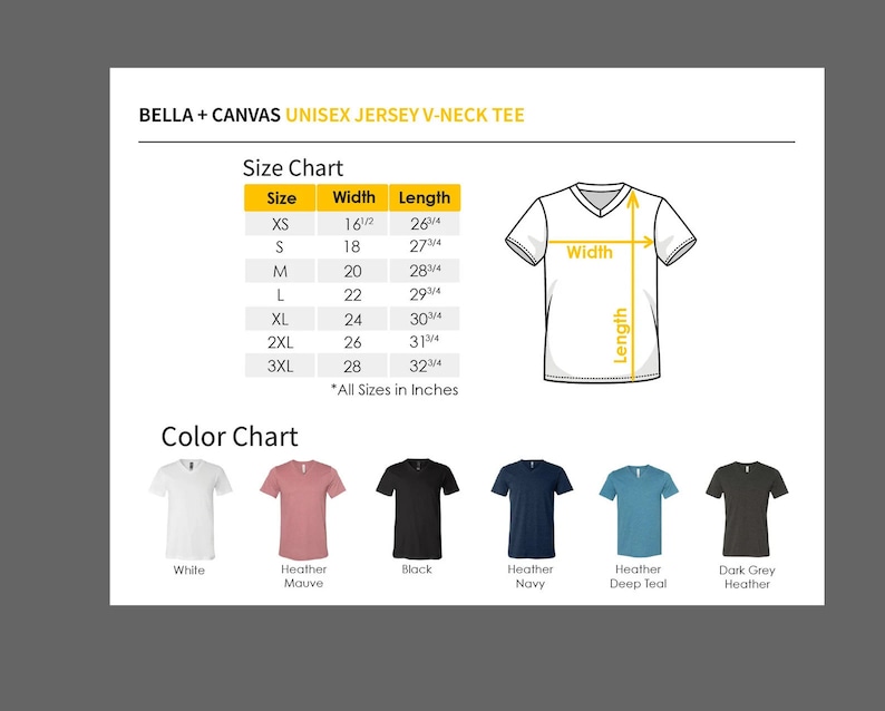 May include: Size chart and color chart for a unisex jersey v-neck tee. The chart shows sizes XS to 3XL with corresponding width and length measurements in inches. The color chart shows the tee in white, heather mauve, black, heather navy, heather deep teal, and dark grey heather.