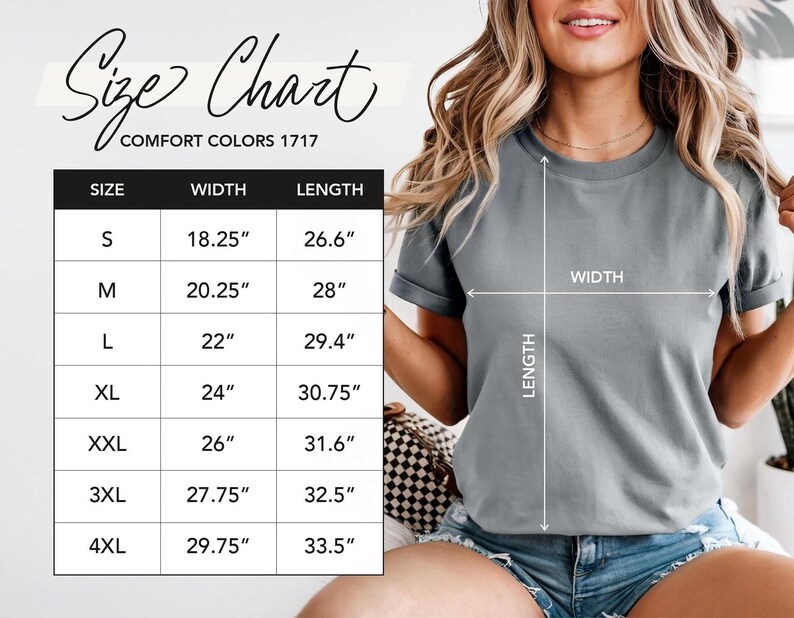 The image is a size chart for a gray t-shirt, with a woman wearing the t-shirt posing in front of the chart.