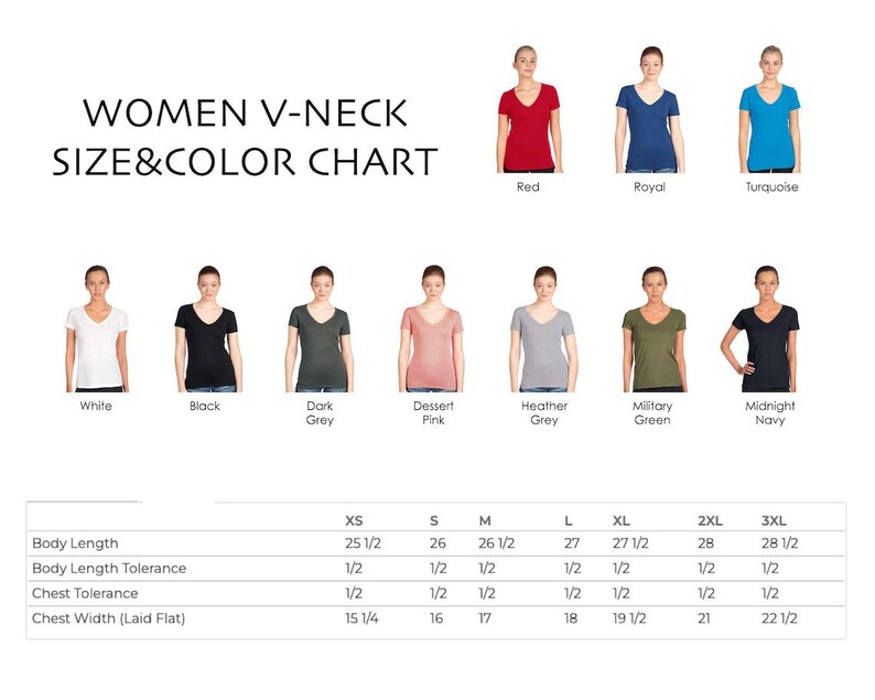 a women's v - neck size and color chart