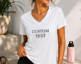 Custom Text - Logo Shirt Women, Personalized Athletic V Neck Tee, Moisture Wicking Top
