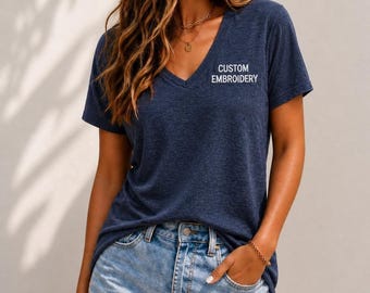 Personalized V-Neck Shirt: Embroidered Text or Logo - Unisex & Women’s