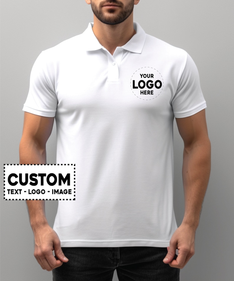 a man wearing a white polo shirt with a logo on it