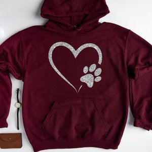Glitter Dog Paw Sweatshirt, Dog Lover Hoodie, Heart Paw Sweatshirt, Gift For Dog Lover, Dog Owner Hoodie, Pet Lover Hoodie, Dog Sweatshirt image 1