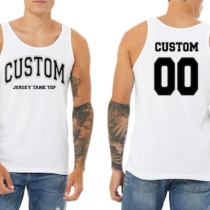 Aangepaste Jersey tanktop, gepersonaliseerde unisex tanktop voor mannen, vrouwen, aangepast ontwerp, aangepaste vrijgezellentanktop, voor-achterprint