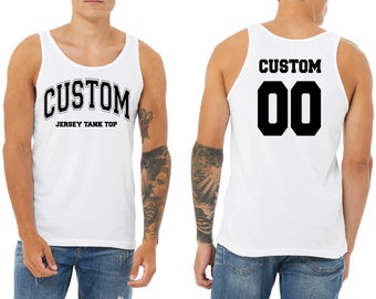 May include: White tank top with black text that says "CUSTOM JERSEY TANK TOP" on the front and "CUSTOM 00" on the back.