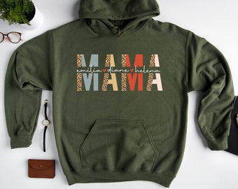 Custom Mom Hoodie, Leopard Print Mom Hoodie, Mother’s Day Gift, Custom Kid’s Names Mom Sweatshirt, Mother’s Day Hoodie