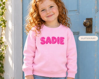 Personalized Glitter Puff Name, Kids Puff Crewneck | Custom Raised Lettering | Toddler Youth Sizes, Gift Ready