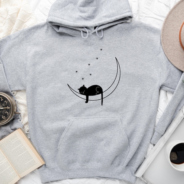 Cat Lover Hoodie, Cat Sweatshirt, Cat Mom Hoodie, Gift For Cat Lovers, Lazy Cat, Sleeping Cat Hoodie, Cat Moon Hoodie, Animal Lover Hoodie