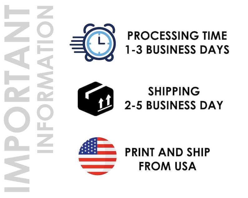 three icons representing important information related to shipping and processing time: a clock, a box with an upward arrow, and an American flag.