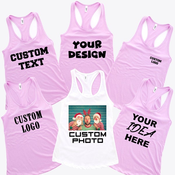 Camiseta sin mangas personalizada para mujer, tanque Racerback con logotipo personalizado, camisetas sin mangas de diseño, camisetas sin mangas Racerback para mujeres, tanque de texto personalizado, tanque personalizado