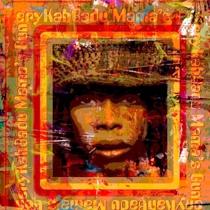 May include: A digital artwork featuring a portrait of a person wearing a brown hat. The portrait is enclosed within a red and yellow frame with the text "Erykah Badu Mama's Gun" repeated around the frame.