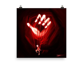 May include: A large red hand with strings attached to its fingers, controlling a small figure with red strings. The background is a dark red with a black outline.