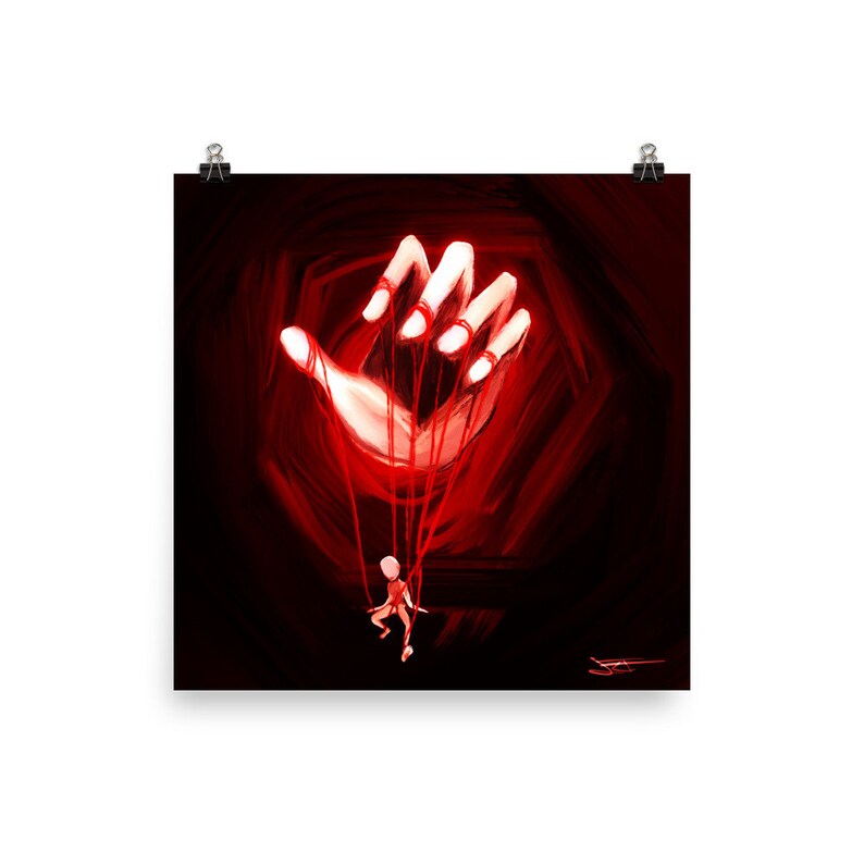 May include: A large red hand with strings attached to its fingers, controlling a small figure with red strings. The background is a dark red with a black outline.