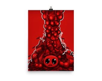 May include: A red digital art print featuring a cartoon character with a sad expression surrounded by a pile of red objects. The character is crying and the background is a red gradient.