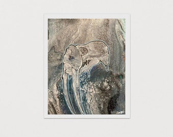 May include: A close-up of a painting depicting a walrus skull with dripping tusks. The background is a swirling mix of gray, white, and black paint.