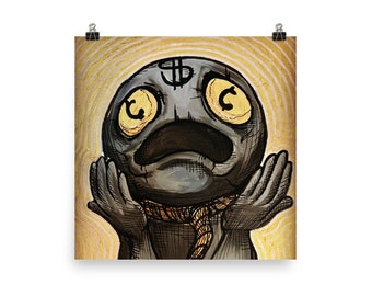 May include: A black and gray cartoon character with a dollar sign on its head and large, yellow eyes. The character is wearing a brown and orange scarf and has its hands raised in the air. The background is a gold and white swirl pattern.