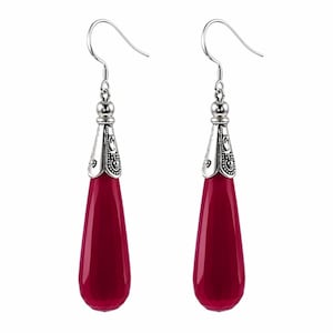 Ruby Red Drop Earrings 925 Sterling Silver Earrings, Faceted Teardrop Gemstone Earrings Long Dangle Earrings, Statement Jewelry Gift for Her