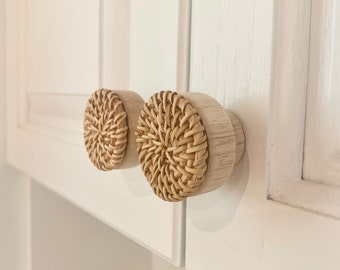 Set of 2 BOHO Cabinet Knobs - Wooden Drawer and Cupboard Handles - Bohemian Rattan and Wood Accessories - Solid Wood