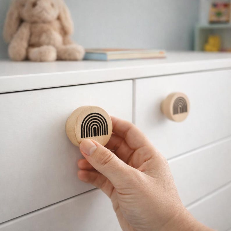 2 drawer knobs with rainbow pattern - Minimalist wooden cabinet handles - Bohemian accessories for a child's room image 6