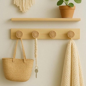 Boho wooden and rattan hook - Solid wood clothes hook - Boho accessory for hanging clothes and accessories